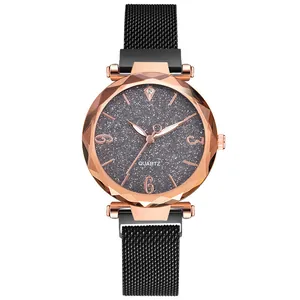 Elegant starry sky dial watch with rose gold case and black magnetic mesh strap