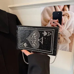 Sac de Soirée Poker As de Pique en Strass pour Femmes Sac à Main en Cuir PU Chaîne Métallique Bandoulière Petit Sac Boîte