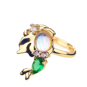 Whimsical mermaid moonstone ring with green pear-shaped gemstone and gold plated band