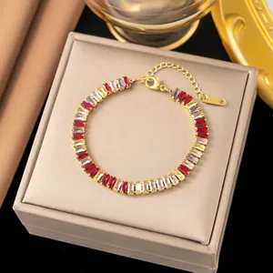 Elegant gold-plated stainless steel bracelet featuring multicolored baguette-cut zircons