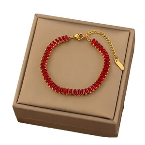 Elegant gold-plated stainless steel bracelet with vibrant red rectangular zircon stones