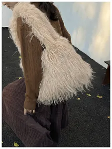Detailed view of the large capacity shaggy faux fur shoulder bag with soft texture