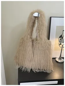Chic beige faux fur shoulder bag with large capacity and soft texture display.