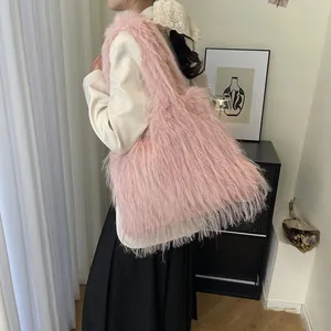 Large capacity pink faux fur shoulder bag with minimalist fluffy design for women