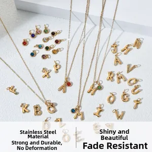 Detailed view of gold stainless steel letter pendants and colorful birthstone charms.