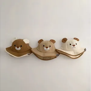 Adorable Korean style baby bear sun bucket hats in three colors for infants and toddlers