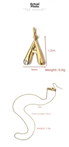 Detail shot of the gold-plated letter A pendant necklace with size and weight info.