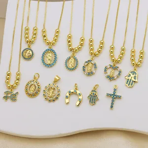 Copper 18K Gold Plated Zirconia Virgin Mary Cross Hamsa Heart Pendant Necklace Light Luxury Religious Jewelry For Women