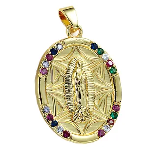 Pendente ovale Vergine Maria placcato oro 18K con zirconi colorati micro intarsiati