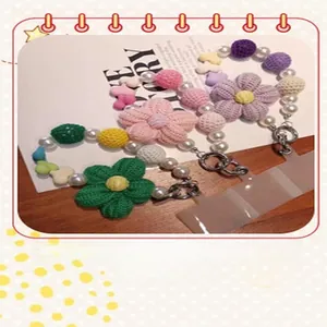 Handmade knitted flower phone charm strap with colorful beads and transparent phone case insert