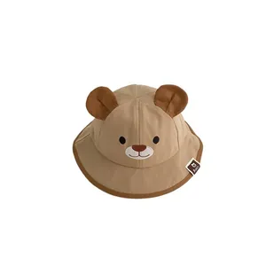 Adorable Korean style baby sun fisherman hat with 3D bear ears in soft beige color