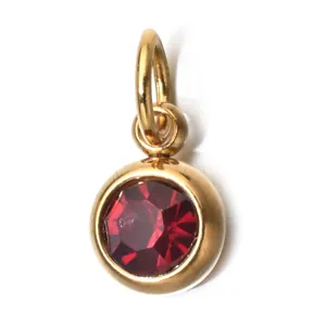 Macro detail of a gold stainless steel pendant with a vibrant red round birthstone.
