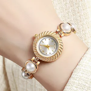 Montre à Quartz de Luxe Pour Femmes Avec Bracelet En Perles Artificielles Lunette Ornée De Strass Montre-bracelet Élégante