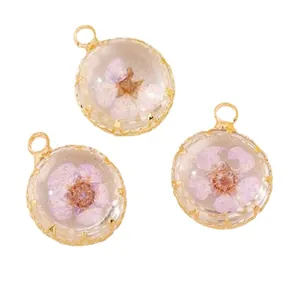 Handmade transparent round glass pendant with pink dried flower for DIY jewelry making