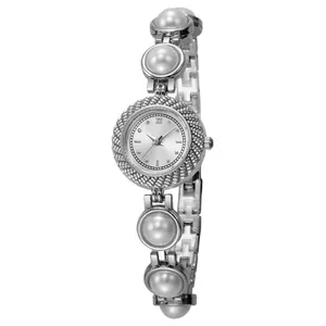 Montre à quartz élégante pour femme en argent avec perles et lunette ronde ciselée