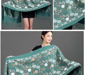 Detailed macro view of delicate white and beige floral embroidery on green winter shawl