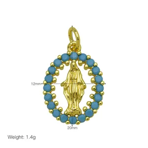 Close-up of gold-plated Virgin Mary pendant with 12mm x 20mm dimensions and weight