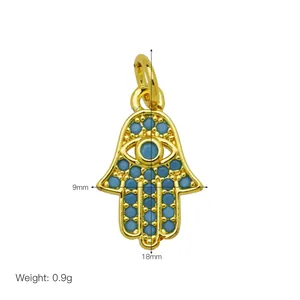 Hamsa pendant detail showing 18mm height, 9mm width and 0.9g weight specifications