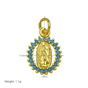 Gold-plated Virgin Mary charm with blue stones, 19mm x 11mm, 1.1g weight detail