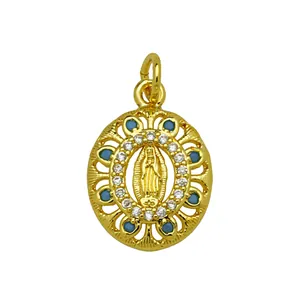 Exquisite 18K gold-plated Virgin Mary oval pendant with zircons and blue gemstones