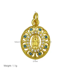 Detailed 45-degree view of the 21mm Virgin Mary gold pendant with dimensions and weight