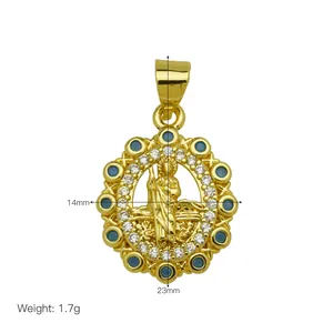 Detailed macro view of 18K gold plated San Judas Tadeo pendant with blue stones and zircon