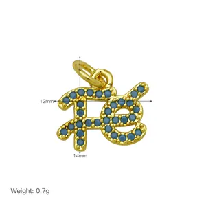 Detailed size view of gold-plated pendant with blue zircons and Fé script engraving