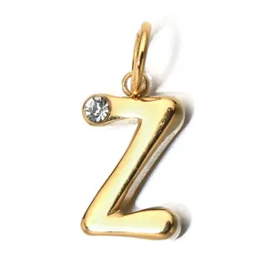 Close-up of gold-plated stainless steel letter Z pendant with clear crystal accent