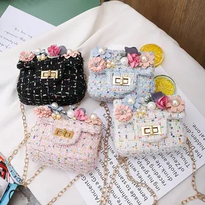 Kids Tweed Crossbody Bag Cute Cartoon Flower Pearl Chain Shoulder Bag Little Girls Messenger Purse Daily Accessories
