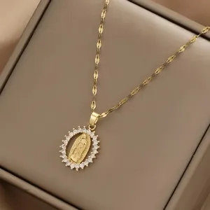Luxury Gold Virgin Mary Pendant Necklace For Women Rhinestone Inlaid Lace Hollow Clavicle Chain Religious Fashion Jewelry
