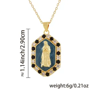 Detail view of retro relief enamel pendant necklace with size and weight specs.