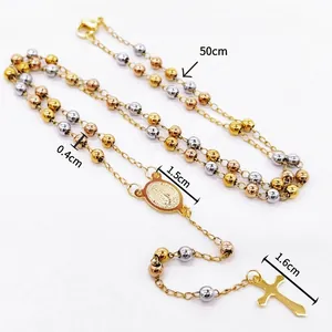Detail view of tri-color bead rosary necklace with cross and medal dimensions.