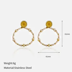 Detail view of 18K gold plated stainless steel beaded hoop earrings with measurements