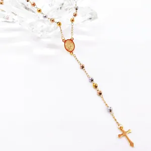 Tri-color stainless steel rosary necklace with Virgin Mary medal and cross pendant details