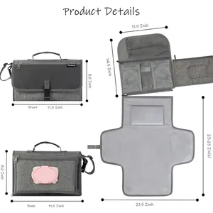 Vue détaillée du tapis à langer portable avec ses dimensions et sa poche à lingettes