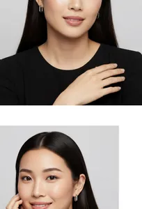 Professionelle Nahaufnahme von minimalistischen rechteckigen Creolen aus Silber an einem Model