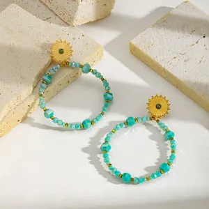 Detail of 18K gold plated stainless steel earrings with green natural stone beads.