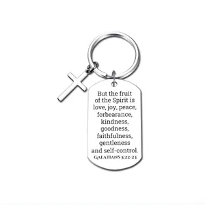 Détail d'un porte-clés en acier inoxydable avec verset biblique Galates 5:22-23