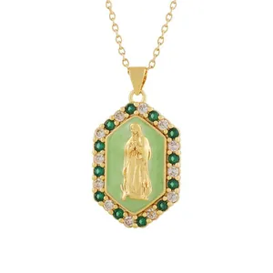 Detail view of a vintage octagonal pendant with Virgin Mary relief and gemstone halo