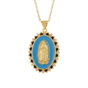 Vintage gold Our Lady of Guadalupe oval pendant necklace with blue enamel and rhinestones