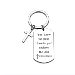 Porte-clés en Acier Inoxydable avec Verset Biblique et Croix Porte-clés Inspirant avec Plaque d'Identité Gravée Cadeau Religieux pour Hommes Femmes Bijoux Chrétiens