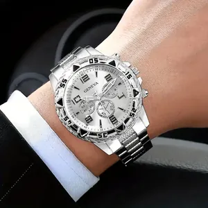 Macro view of a classic men's silver business quartz watch with stainless steel strap