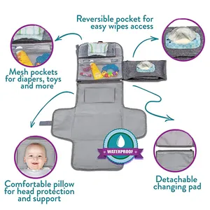 Vue détaillée du matelas à langer portable avec poches, coussin et doublure imperméable