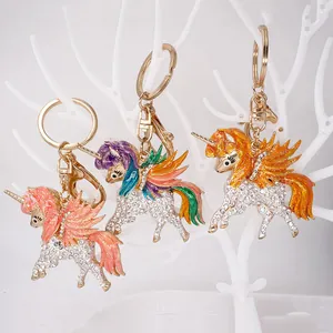 Exquisite Alloy Rhinestone Unicorn Keychain With Enamel Wings Cute Animal Bag Pendant Car Key Ring For Women Girls Gift