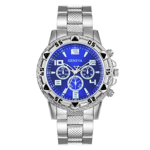 Close-up of Geneva men's business quartz watch with blue dial and silver steel strap.