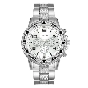 Front view detail of a classic men's quartz watch with silver steel band