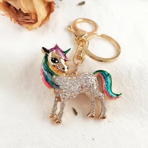 Sparkling rhinestone unicorn alloy keychain with colorful enamel mane and gold lobster clasp
