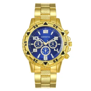 Detailed view of a gold-tone men's business quartz watch with a striking blue dial.