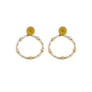 18K gold plated stainless steel sunburst stud and pink beaded hoop earrings