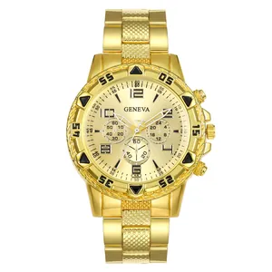 Professional luxury gold men's business quartz watch with stainless steel band detail